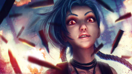 HD desktop wallpaper featuring Jinx from Piltover&Zaun (League of Legends). Jinx is shown with her iconic blue hair, intense gaze, and a chaotic background filled with explosions and debris.