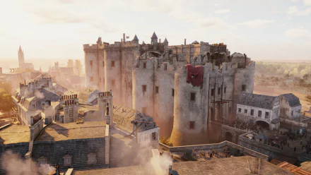 HD wallpaper featuring a detailed view of a castle from the video game Assassin's Creed: Unity, showcasing intricate architecture amidst a vibrant landscape.