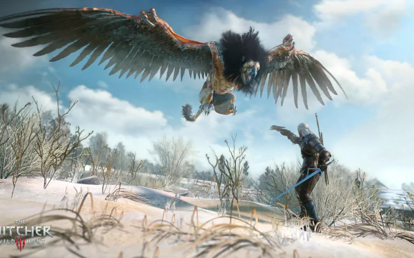 HD desktop wallpaper from The Witcher 3: Wild Hunt, featuring a snowy battle scene with Geralt confronting a large, mythical bird.