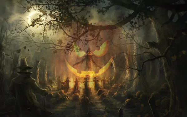 A haunting Halloween scene in a dark forest, featuring a glowing pumpkin figure and eerie silhouettes among misty trees. An atmospheric HD wallpaper for a spooky holiday vibe.