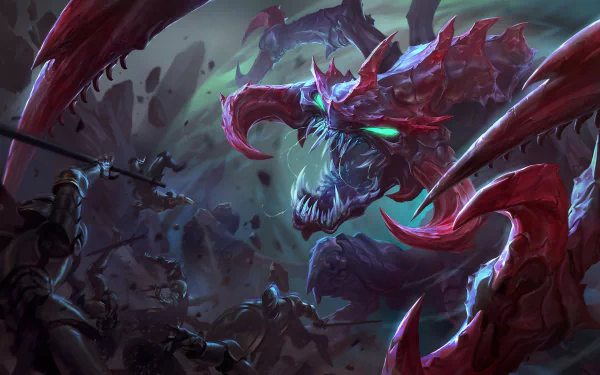 HD PC desktop wallpaper featuring Cho'gath from League of Legends, depicting the monstrous champion in a dark, intense battle scene from the video game.