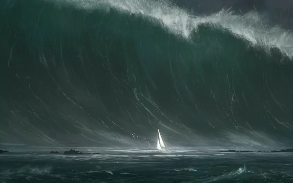A dramatic scene featuring a small sailboat navigating the ocean beneath a colossal wave, encapsulating a fantasy atmosphere in this HD desktop wallpaper.