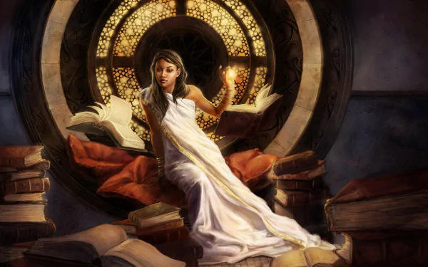 A woman in a flowing gown reads a glowing book, seated among stacks of books in a fantasy setting, featured as an HD PC desktop wallpaper background.