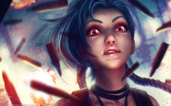 HD desktop wallpaper featuring Jinx from Piltover&Zaun (League of Legends). Jinx is shown with her iconic blue hair, intense gaze, and a chaotic background filled with explosions and debris.