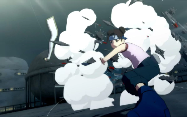 HD desktop wallpaper featuring Tenten from Naruto Shippuden: Ultimate Ninja Storm Revolution in an action-packed scene with white smoke and weapons.