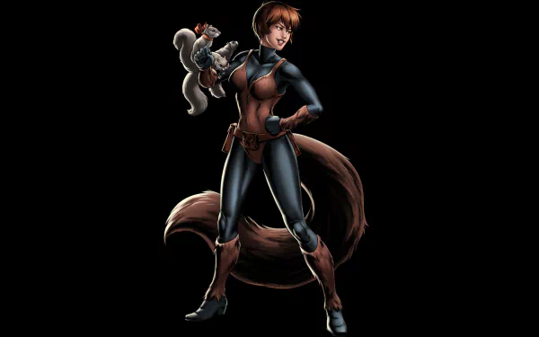 HD PC desktop wallpaper featuring Marvel Comics' Squirrel Girl in her superhero costume with a squirrel companion on her shoulder against a black background.