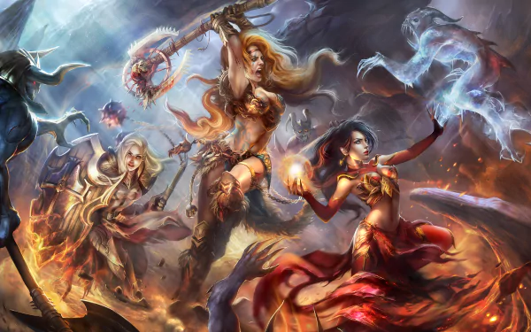 A dynamic HD wallpaper featuring characters from Diablo III: Barbarian, Wizard, and Crusader, showcasing intense action and fantasy elements in a vibrant, vivid setting.