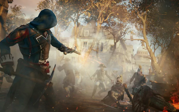 HD wallpaper featuring Arno Dorian from Assassin's Creed: Unity, in a dynamic battle scene with smoke and chaos around him.