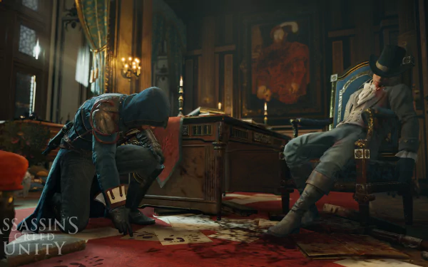 Arno Dorian from Assassin's Creed: Unity is depicted in a dramatic scene, crouching beside a seated figure in a richly detailed room, highlighting the game’s immersive visuals.