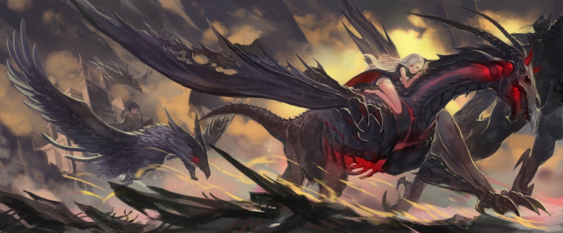 HD desktop wallpaper featuring a dramatic scene from Pixiv Fantasia Fallen Kings, depicting a warrior riding a majestic black dragon in a dynamic battle setting.