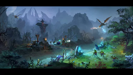 HD desktop wallpaper featuring a mystical DotA 2 landscape, showcasing a vibrant scene with characters, dragons, and an enchanting atmosphere in a fantasy setting.