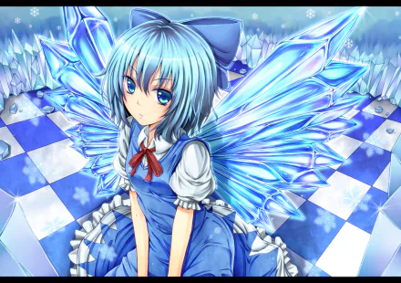 HD anime desktop wallpaper featuring Cirno from Touhou, depicted with icy blue wings and a detailed blue and white outfit against a checkered icy background.
