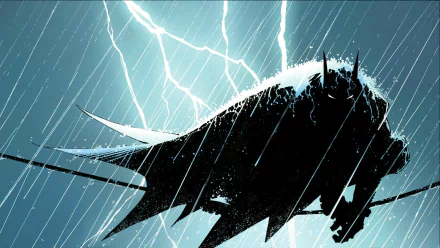 A striking Batman silhouette against a stormy sky, featuring dramatic lightning and rain, inspired by the comic Batman: Zero Year. A bold HD desktop wallpaper and background.