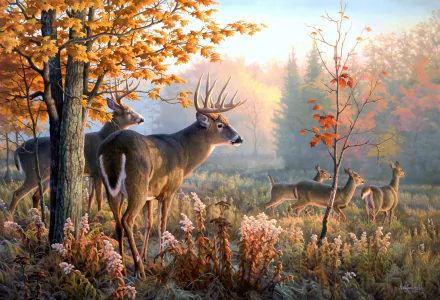 HD wallpaper featuring white-tailed deer in a fall scene, surrounded by autumn foliage and colorful trees, set in a serene forest backdrop.