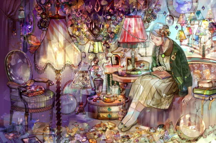 A serene evening interior scene features a young woman reading by a lamp amidst a whimsical collection of books and shimmering decorations, captured in vibrant anime style.