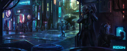 Satellite Reign video game HD PC desktop wallpaper and background — neon-lit cyberpunk street with armed agents, drones and armored vehicle patrolling a rain-slick plaza.