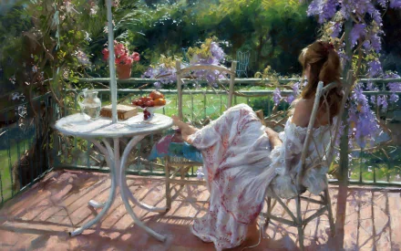 A serene summer scene of a woman relaxing at a table adorned with fruit, surrounded by lush greenery and purple blossoms, captured in an artistic painting.