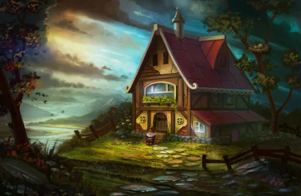 A whimsical landscape featuring a charming gnome and a cozy house, set against a vibrant sky. This artistic painting serves as an inviting HD desktop wallpaper.