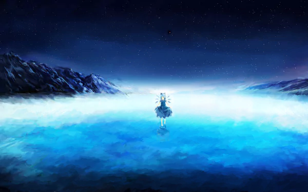 HD PC desktop wallpaper featuring Cirno from Touhou, set against a serene, icy landscape under a starry night sky in anime style.