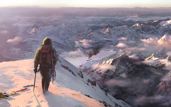 A hiker stands atop a snowy peak, surrounded by stunning mountain scenery, capturing the essence of exploration in the captivating world of Far Cry 4. HD desktop wallpaper.