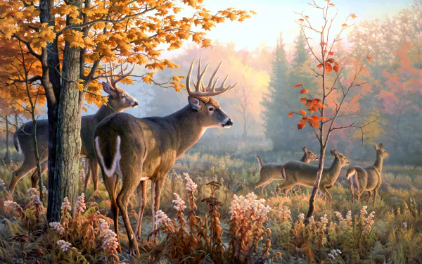 HD wallpaper featuring white-tailed deer in a fall scene, surrounded by autumn foliage and colorful trees, set in a serene forest backdrop.