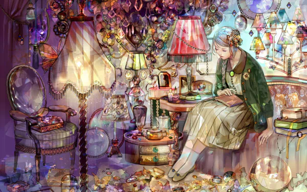 A serene evening interior scene features a young woman reading by a lamp amidst a whimsical collection of books and shimmering decorations, captured in vibrant anime style.
