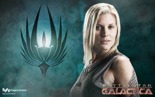 HD wallpaper of Kara Thrace from Battlestar Galactica (2003) with series logo and a mystical emblem background.