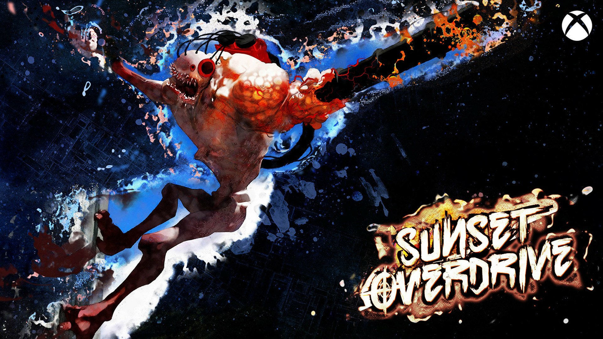 HD desktop wallpaper featuring dynamic Sunset Overdrive game artwork with a character in mid-action.