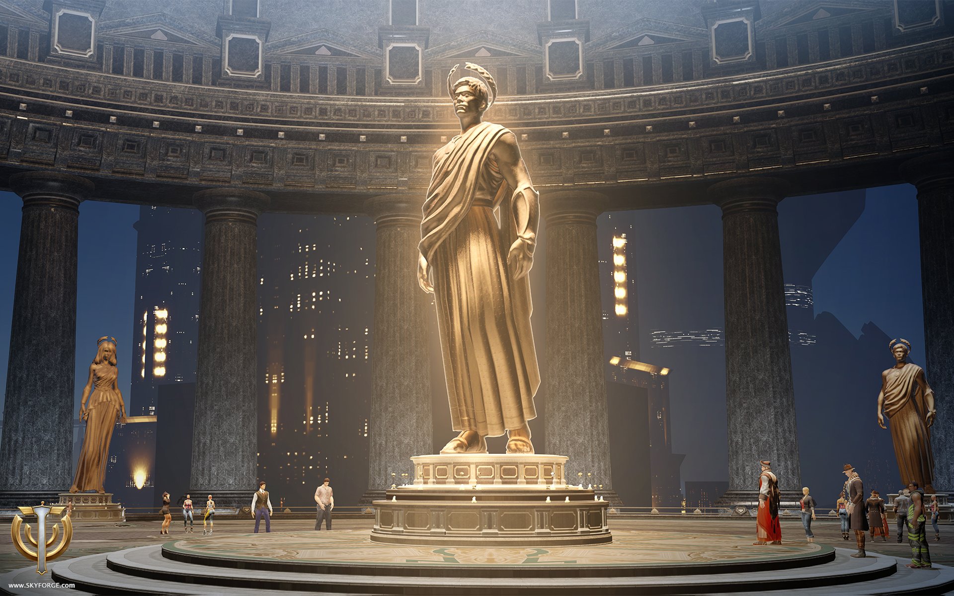 Skyforge video game HD PC desktop wallpaper/background: a colossal golden statue stands in a circular colonnade plaza, dwarfed by smaller figures and glowing city lights.