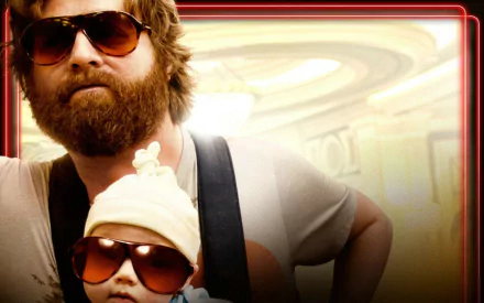 HD desktop wallpaper featuring Zach Galifianakis with sunglasses and a baby from The Hangover movie.