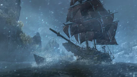 HD PC desktop wallpaper from the video game Assassin's Creed: Rogue, featuring a large sailing ship navigating rough, stormy waters near rocky cliffs.