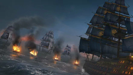 HD PC desktop wallpaper from the video game Assassin's Creed: Rogue, depicting a naval battle with multiple ships engulfed in flames and smoke on a dark, stormy sea.