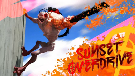 HD desktop wallpaper featuring a dynamic scene from Sunset Overdrive with vibrant orange graffiti-style text and character in action.