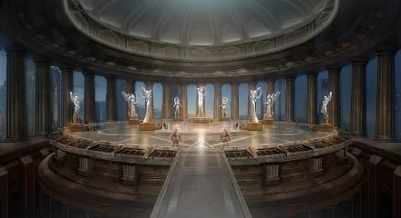 HD PC desktop wallpaper/background for the video game Skyforge: grand circular temple interior with towering columns, sculpted statues, a glowing central altar and celestial light.