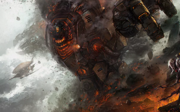 A fiery mech battles amid smoke and destruction in this 4K Ultra HD Black Gold Online PC desktop wallpaper from the video game.