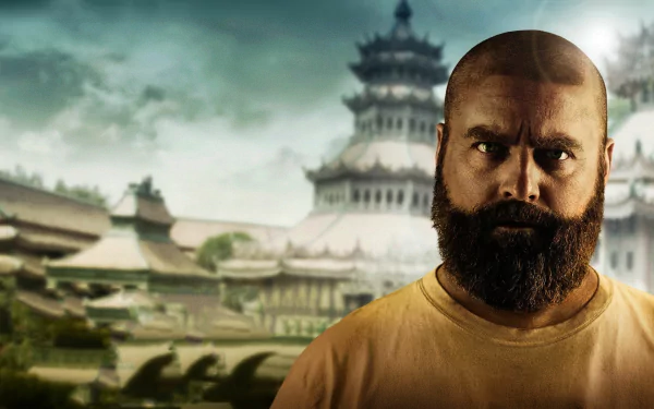 HD desktop wallpaper featuring a bearded man with an intense expression set against an ancient temple background.