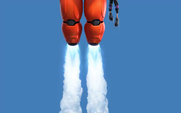 HD wallpaper of Baymax and Hiro Hamada from Big Hero 6 flying against a clear blue sky.