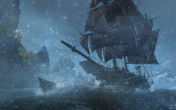 HD PC desktop wallpaper from the video game Assassin's Creed: Rogue, featuring a large sailing ship navigating rough, stormy waters near rocky cliffs.