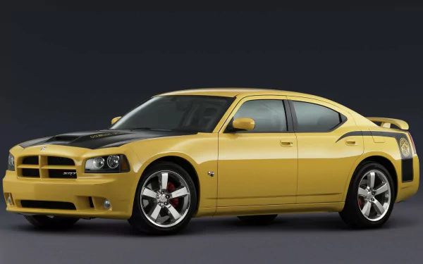 Yellow Dodge Charger SRT8 Superbee with black hood stripe, showcased as a high-definition PC desktop wallpaper and background.