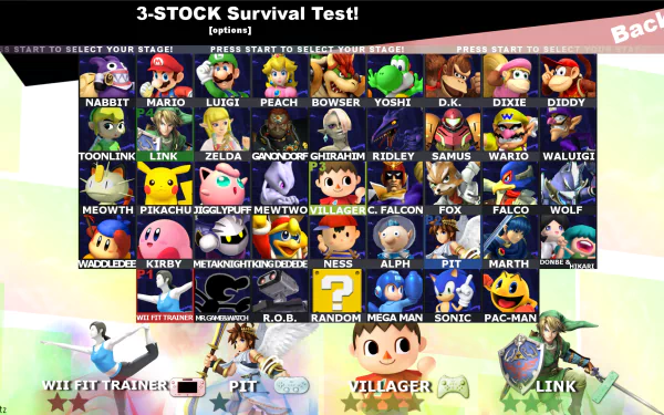 HD desktop wallpaper featuring character selection screen from Super Smash Bros. for Nintendo 3DS and Wii U with a variety of game characters displayed.