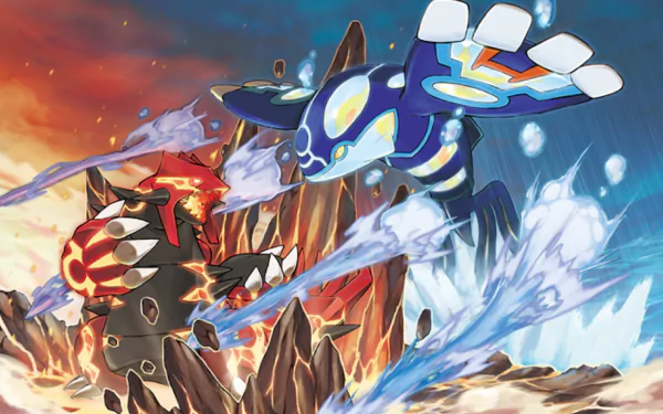HD wallpaper of Groudon and Kyogre from Pokémon Omega Ruby and Alpha Sapphire clashing in an epic battle.