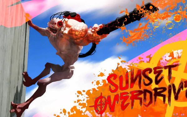 HD desktop wallpaper featuring a dynamic scene from Sunset Overdrive with vibrant orange graffiti-style text and character in action.