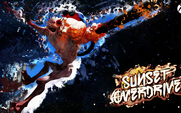HD desktop wallpaper featuring dynamic Sunset Overdrive game artwork with a character in mid-action.