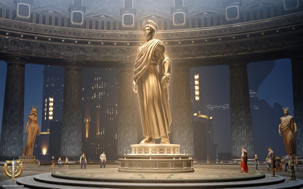 Skyforge video game HD PC desktop wallpaper/background: a colossal golden statue stands in a circular colonnade plaza, dwarfed by smaller figures and glowing city lights.