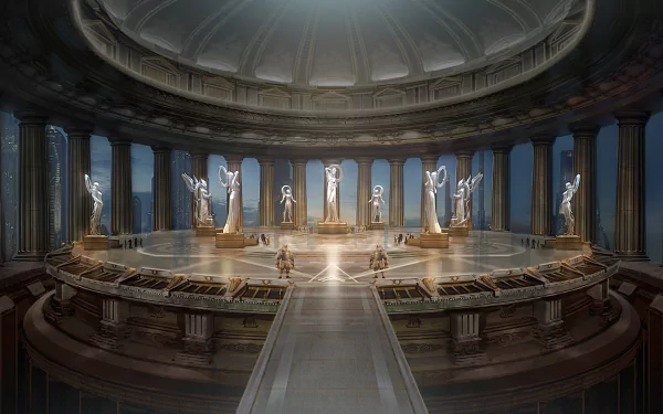 HD PC desktop wallpaper/background for the video game Skyforge: grand circular temple interior with towering columns, sculpted statues, a glowing central altar and celestial light.