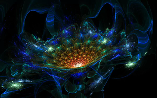 A vibrant abstract fractal design featuring psychedelic colors and swirling patterns, creating a captivating and colorful wallpaper for an HD desktop background.