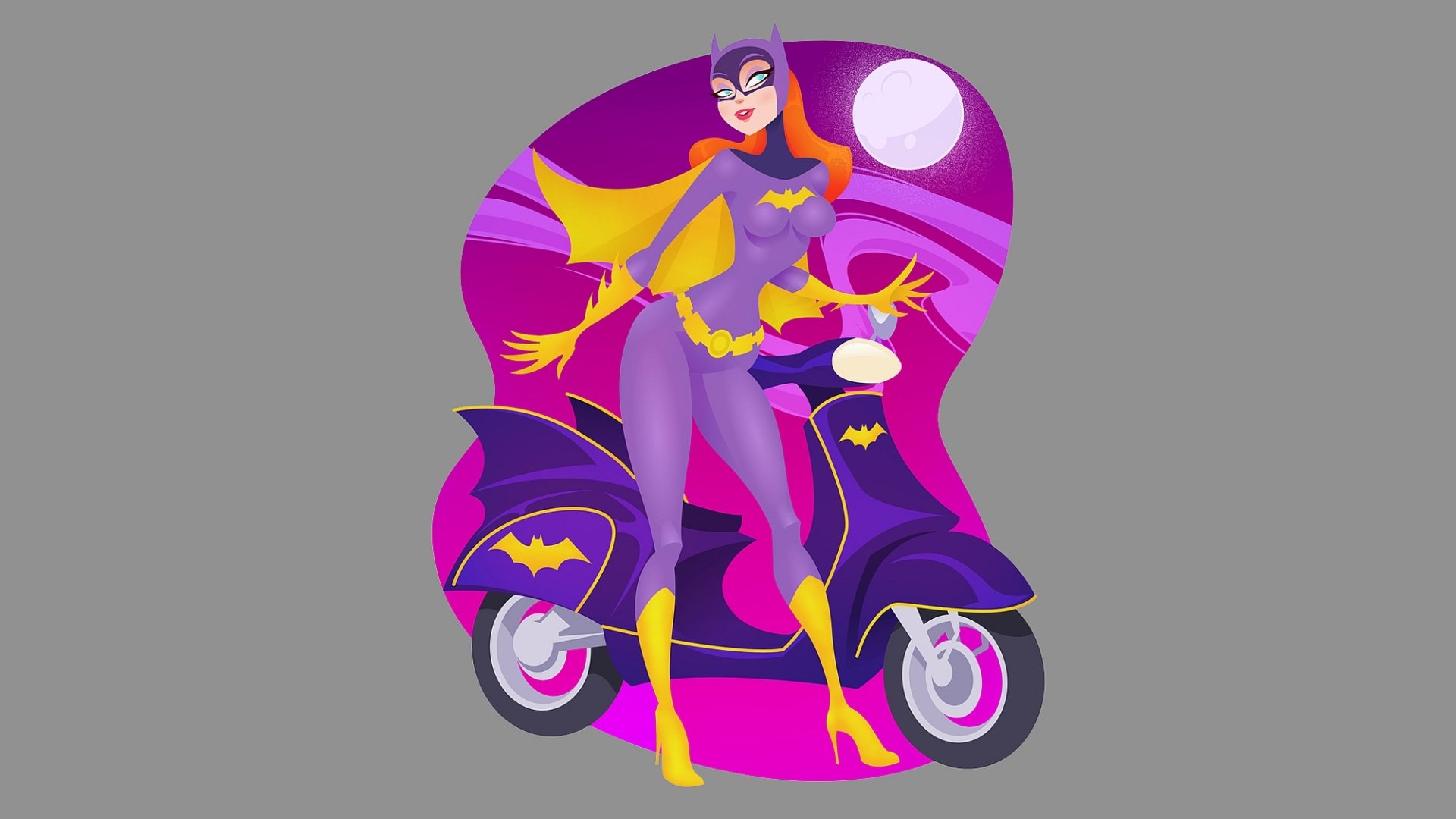 HD PC desktop wallpaper featuring Batgirl in a purple and yellow costume standing confidently beside a matching scooter under a full moon in a vibrant comic-style scene.