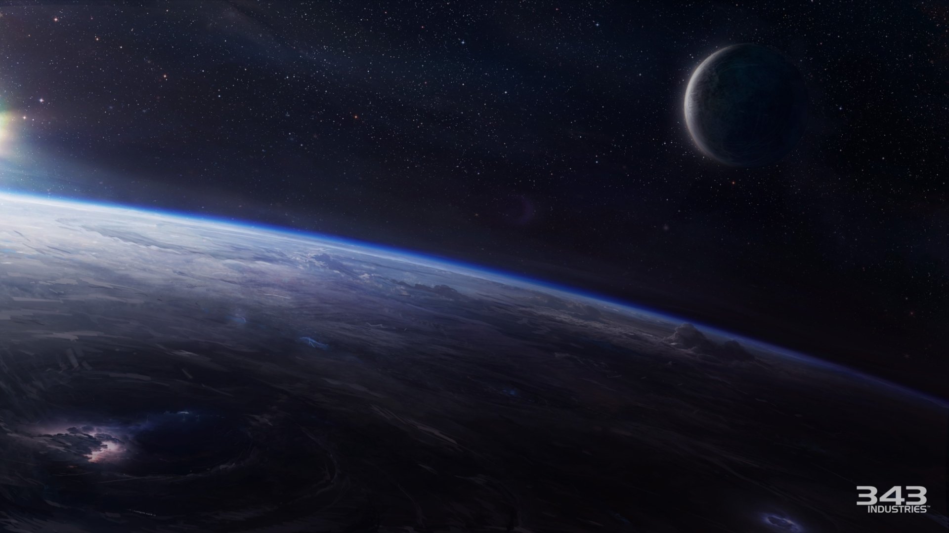 HD desktop wallpaper featuring a space scene with a planet and crescent moon, inspired by the Halo video game series, specifically Halo: Spartan Strike.