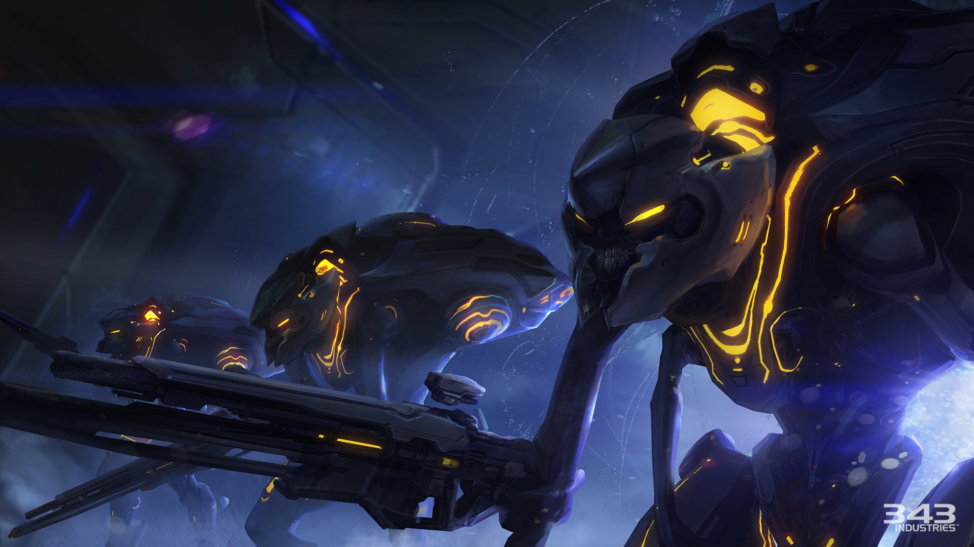 HD PC desktop wallpaper for the video game Halo: Spartan Strike showing glowing orange-lined alien soldiers with heavy weapons advancing through a blue-lit sci-fi battlefield.