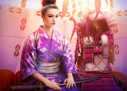 A serene figure in a purple kimono holds a katana, embodying the essence of a samurai in a vibrant fantasy setting inspired by Legend of the Five Rings.